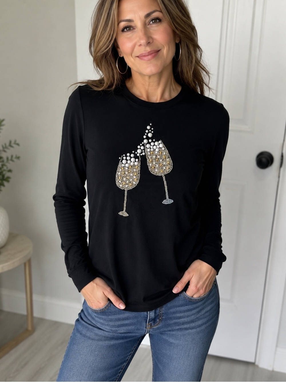 Chicos’s Champagne Toast Embellished Black Long Sleeve Tee